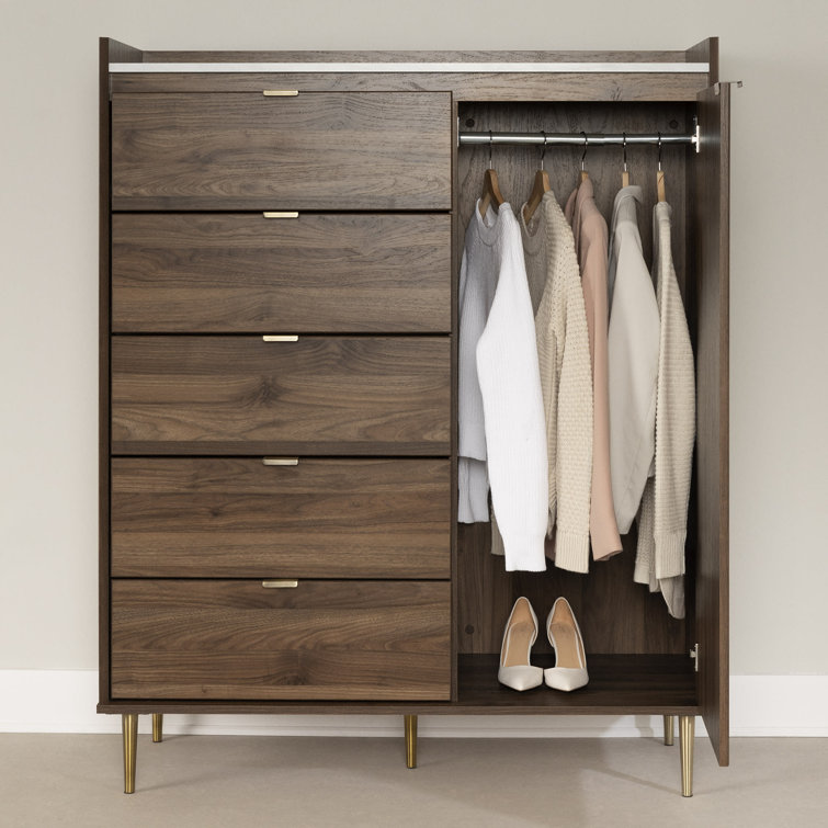 South Shore Hype Door Chest with 5 Drawers Natural Walnut and Carrara Marble